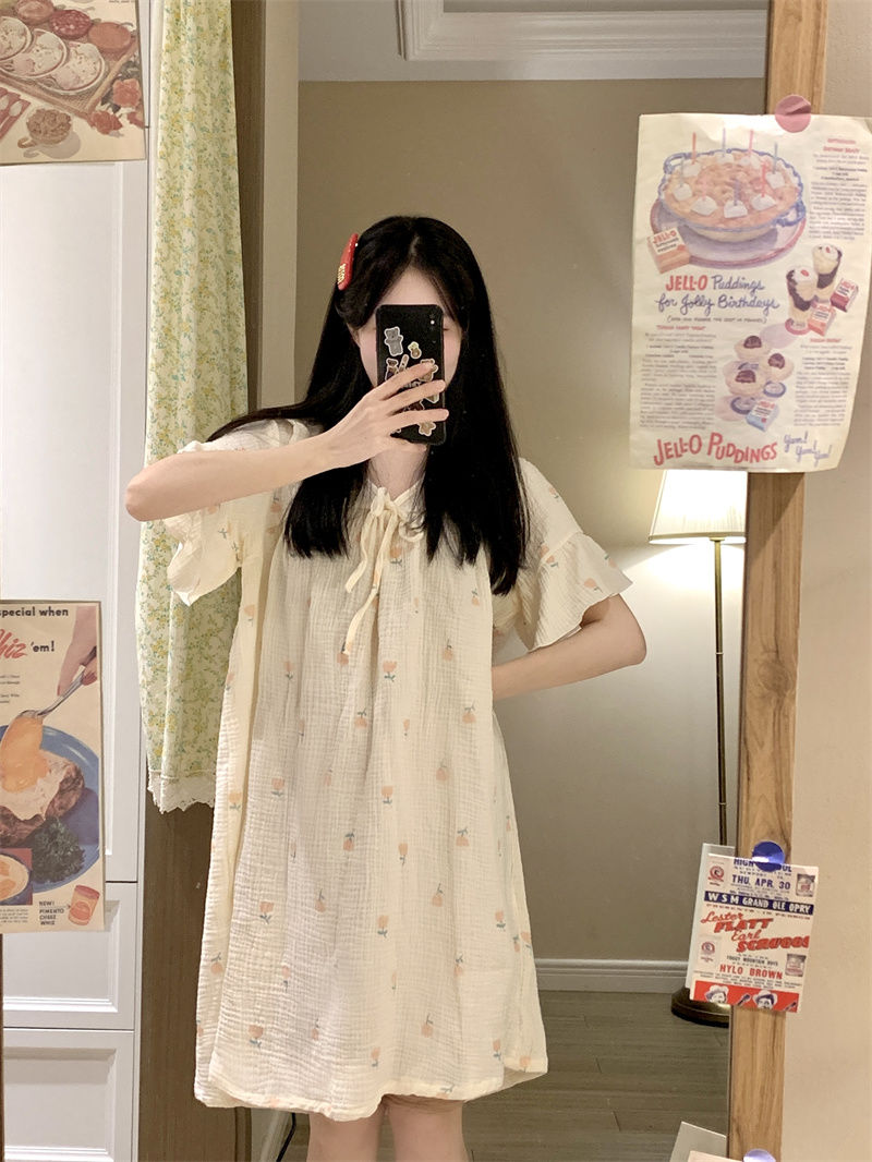 New nightdress female summer comfortable thin section baby cotton feeling summer ins style sweet short-sleeved student pajamas skirt