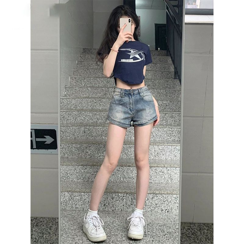 復古美式牛仔短褲女夏季新款大碼高腰顯瘦a字做舊性感辣妹熱褲子