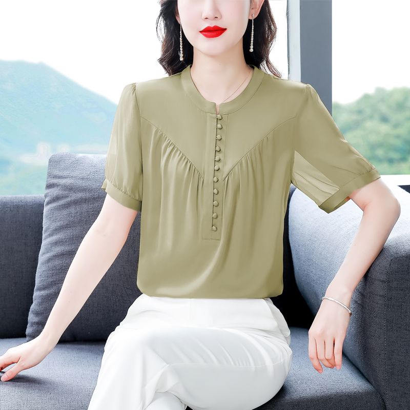 2023夏新款真絲襯衫女小眾復古短袖圓領設計感優雅氣質桑蠶絲上衣