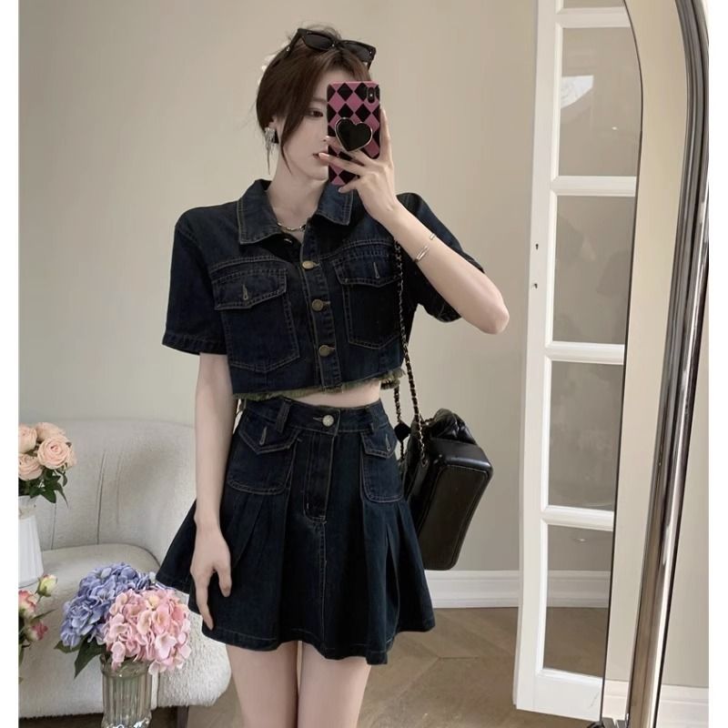 漫汐茹 辣妹韓系小個子穿搭牛仔裙套裝女夏季甜辣高腰顯瘦半身裙