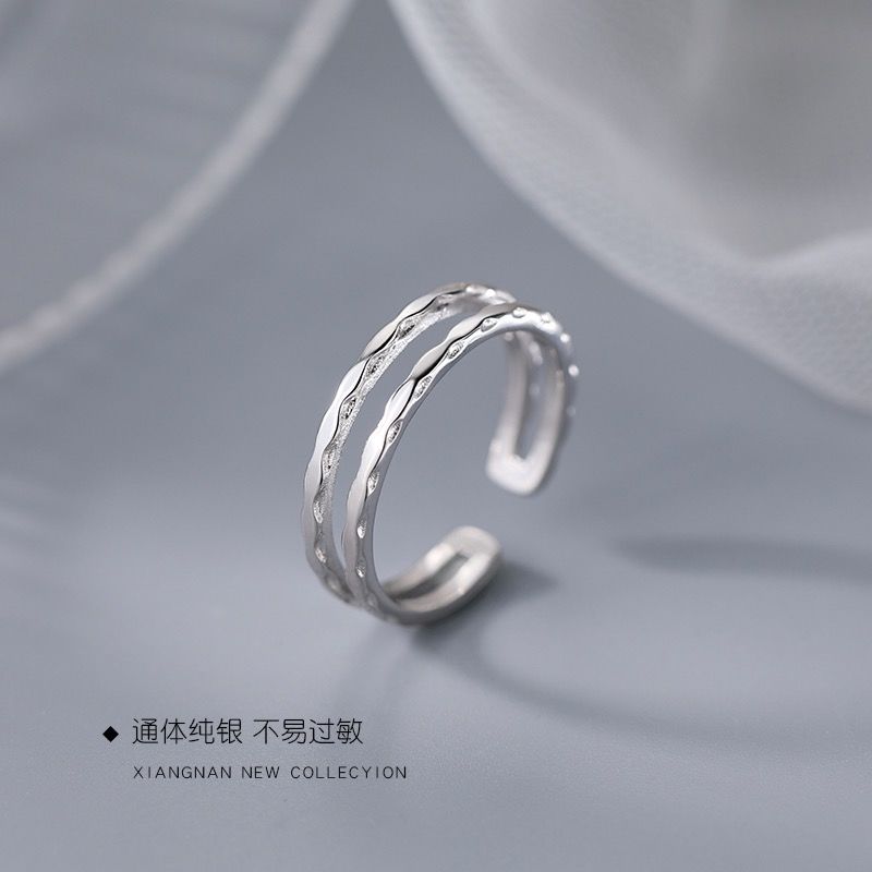 因缺斯汀s925纯银双层水波纹开口戒指百搭时尚简约素圈开口食指环