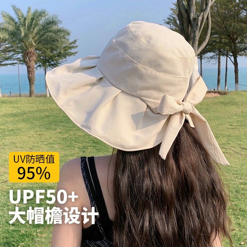 New sun protection hat ladies summer vinyl UV protection bow fisherman hat cover face big brim sunshade hat