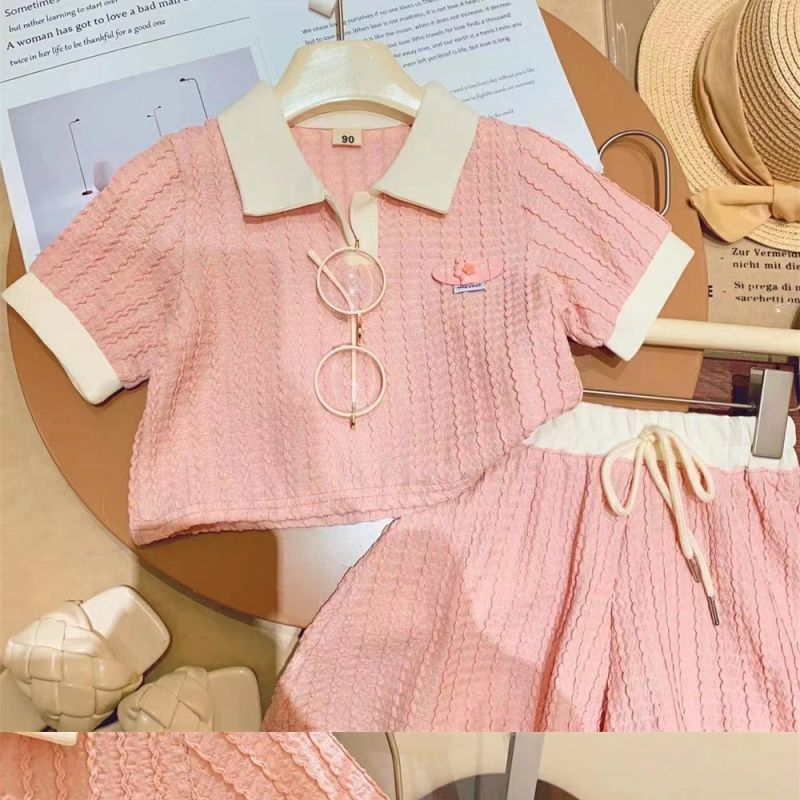 女童套装2023夏季新款韩版洋气中小童Polo领短袖短裤时髦两件套潮
