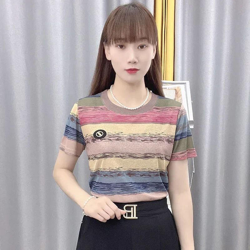 Bamboo hemp fashion short-sleeved T-shirt women's 2023 summer new foreign style large size cover meat all-match age-reducing striped top
