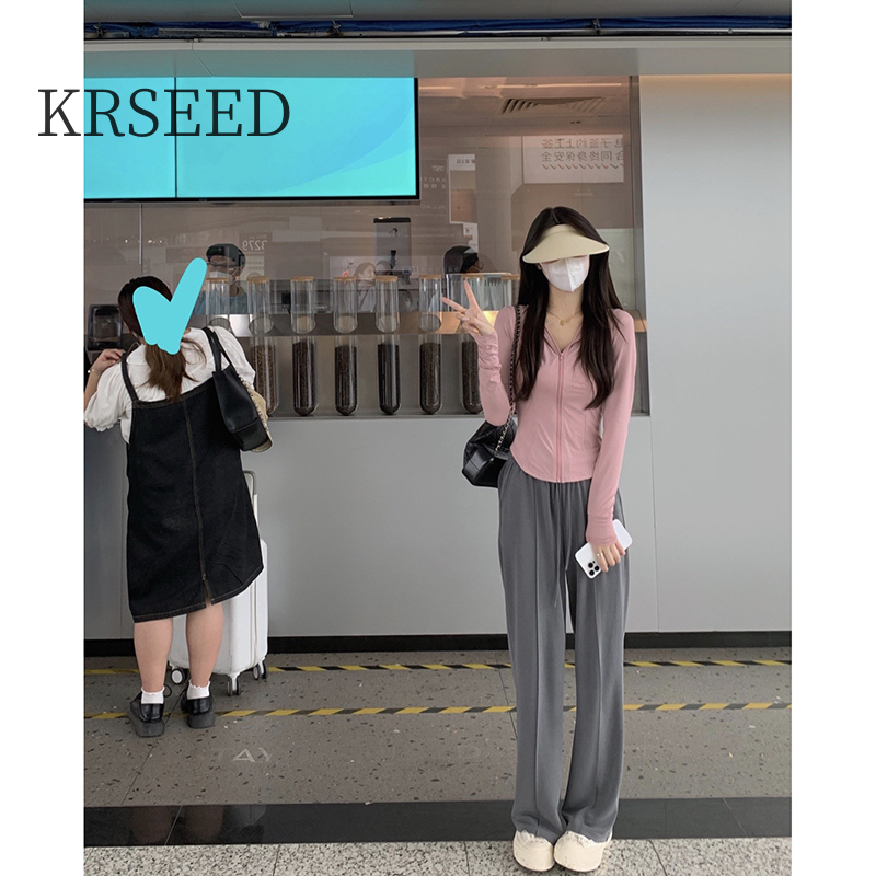KRSEED夏季新款薄款冰絲防曬開衫連帽上衣運動闊腿休閒褲兩件套裝