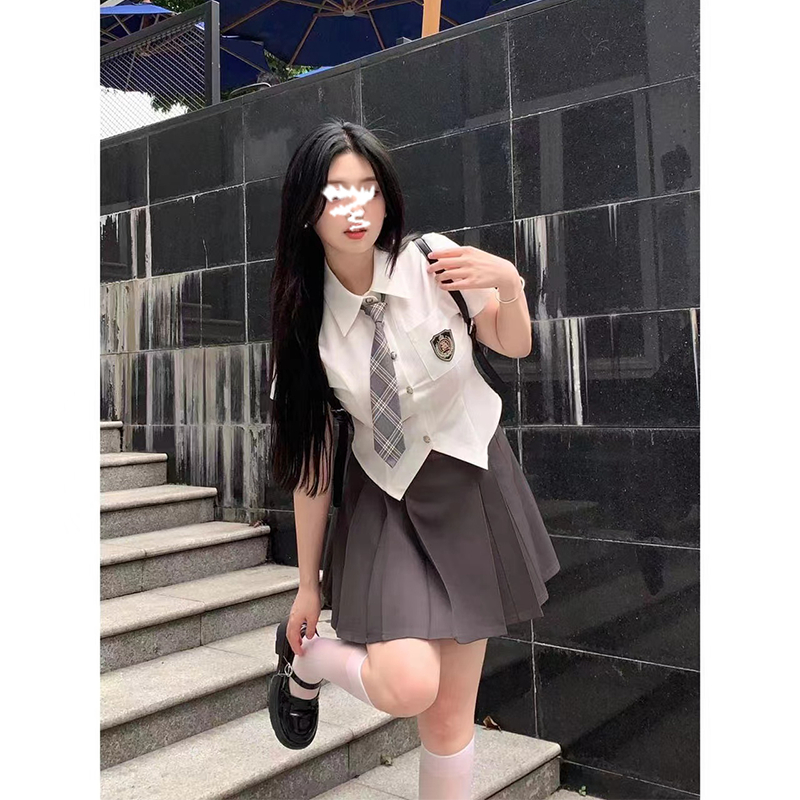 大碼女裝學院風短袖襯衫上衣女夏季氣質顯瘦甜辣胖mm半身裙兩件套