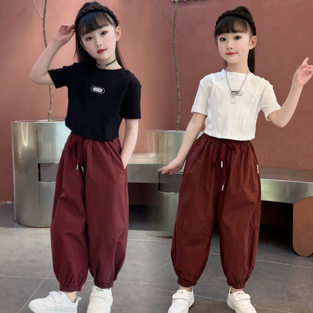 女童夏季洋氣百搭休閒工裝束腳褲兩件套潮中大童夏季短袖網紅童裝