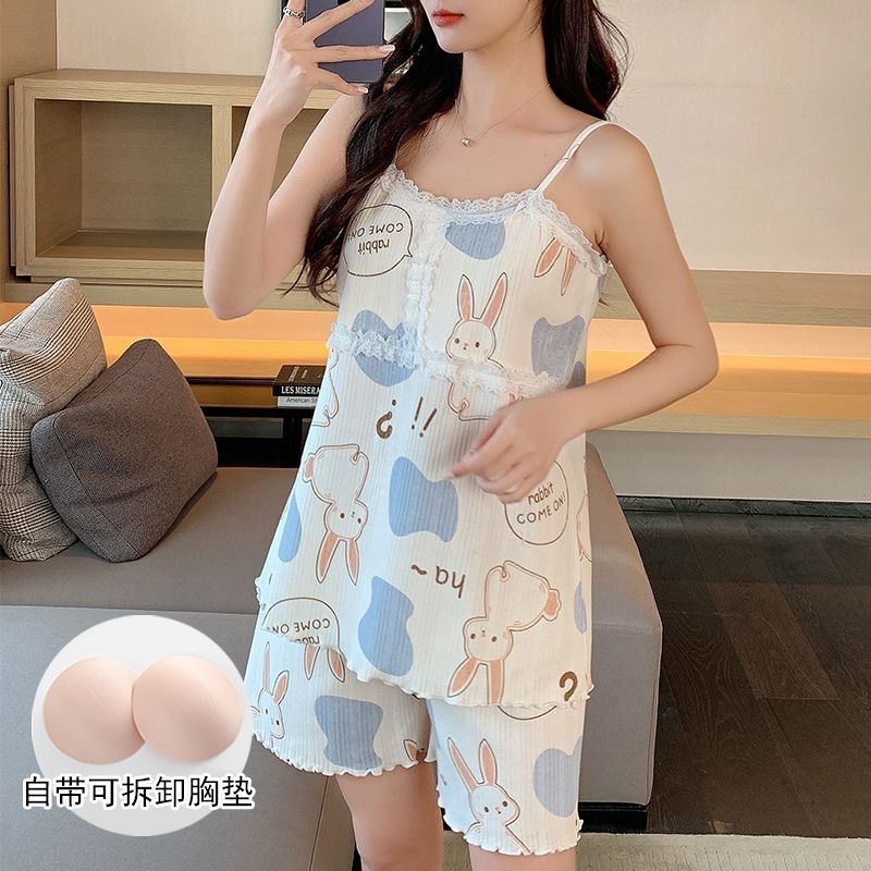可愛小香風新款吊帶睡衣套裝女夏季純棉薄款短褲性感家居服兩件套