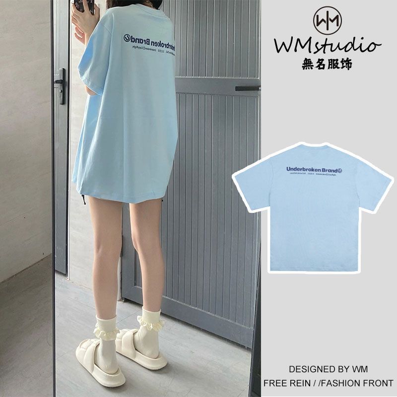 WM Nameless Apparel Sweet Milk Blue Short Korean Printed T-Shirt Female Summer Student Loose Versatile Letter Top