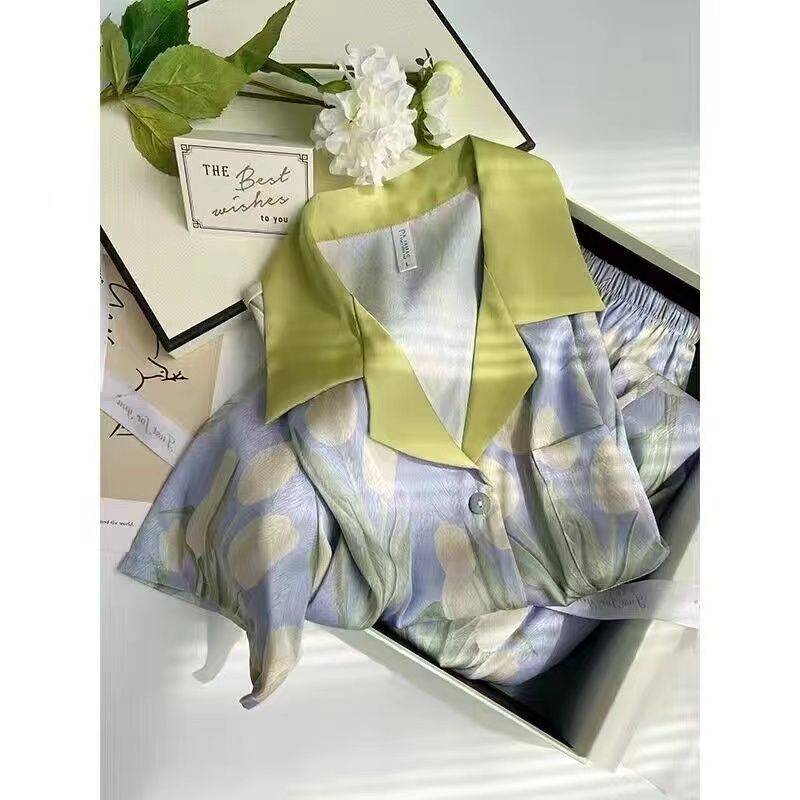 Monet's garden pajamas women's summer star oil painting tulip ice silk two-piece spring forest home service suit