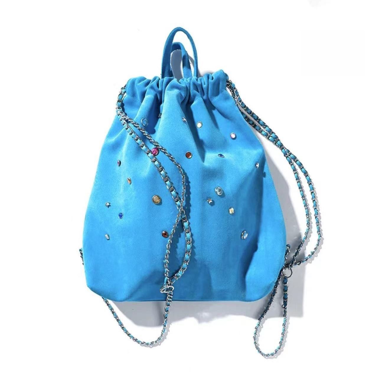 Korean niche women's bag matte velvet stitching color gemstone chain backpack drawstring handbag