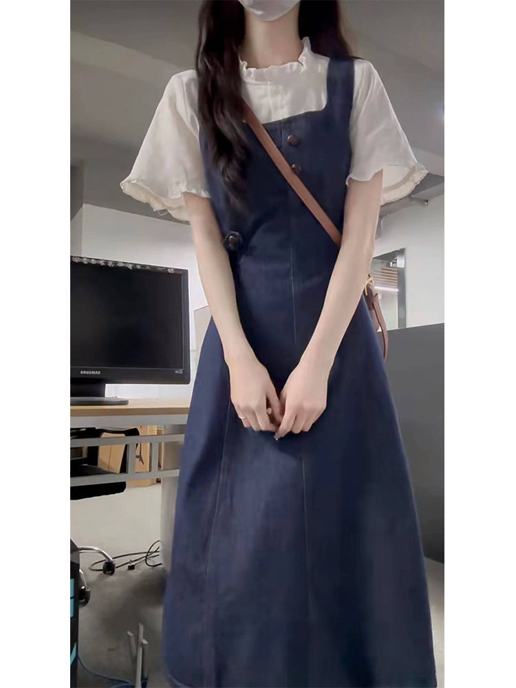 兩件套學院風甜美減齡顯瘦氣質牛仔背帶裙女學生+短袖木耳邊襯衫