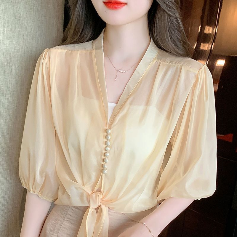 防曬上衣女2023新款夏季外搭配吊帶裙子雪紡衫小披肩薄款外套開衫