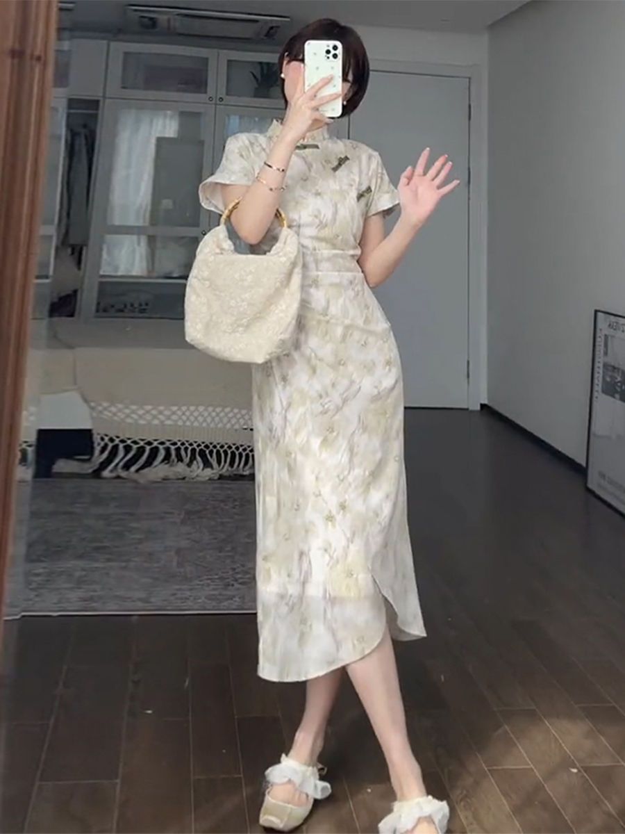 大碼溫柔風旗袍連衣裙夏季顯瘦名媛氣質小清新復古高級感長裙