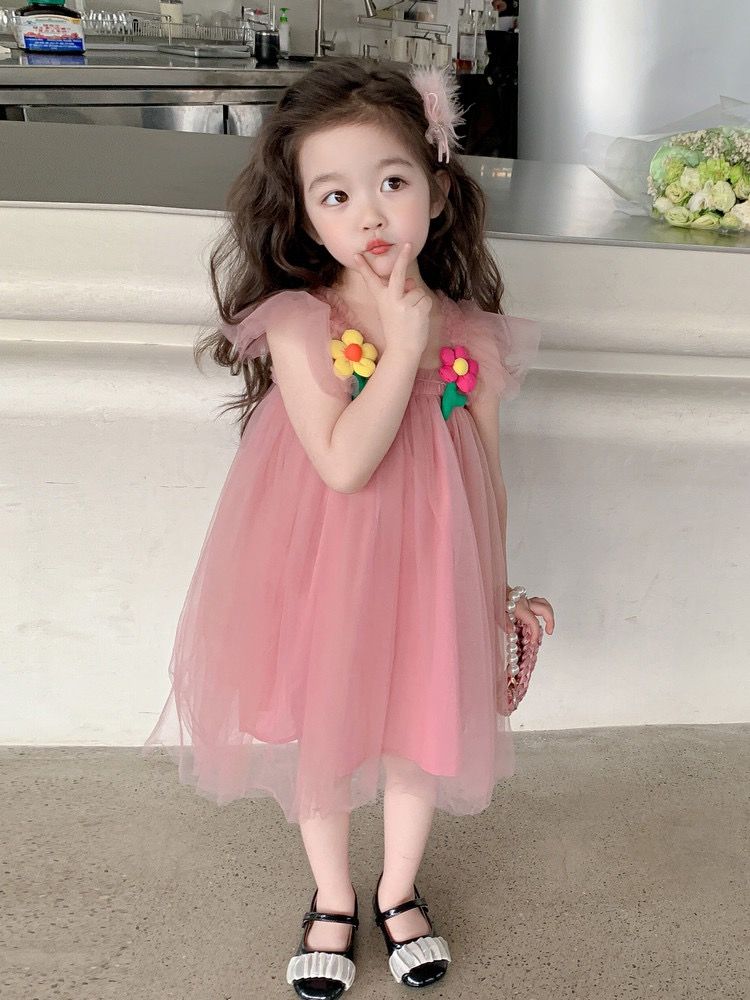 女童連衣裙夏季2023新款兒童女寶寶洋氣夏裝甜美吊帶公主網紗裙子