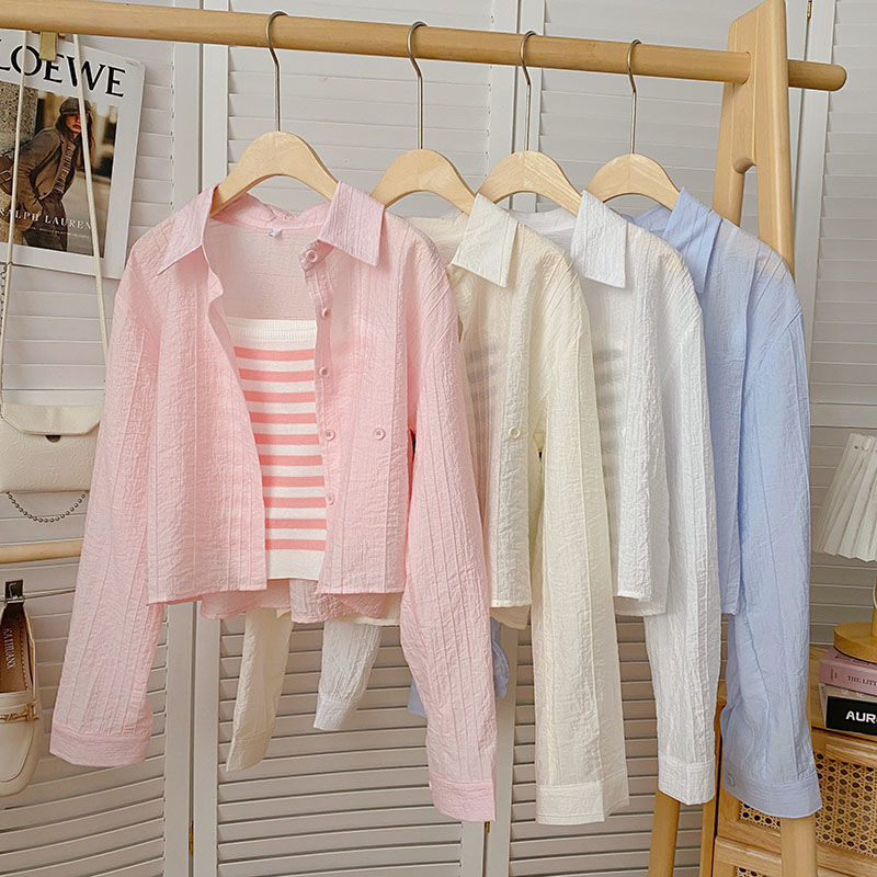 Summer Korean style thin long-sleeved tops women's sun protection clothing design short cardigan loose versatile small fresh shirt