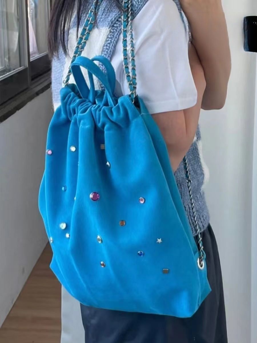 韩国小众女包袋磨砂绒拼接彩色宝石链条双肩包抽绳手提背包