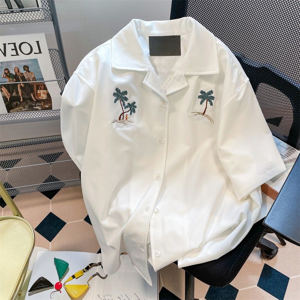 日系ins港風椰樹刺繡短袖襯衫女男夏季新款韓版寬鬆polo領上衣潮