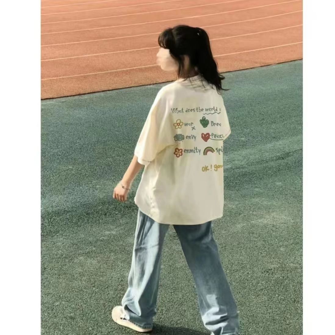 100%純棉甜美短袖女t恤寬鬆百搭bf風街頭原宿學生韓版印花上衣潮