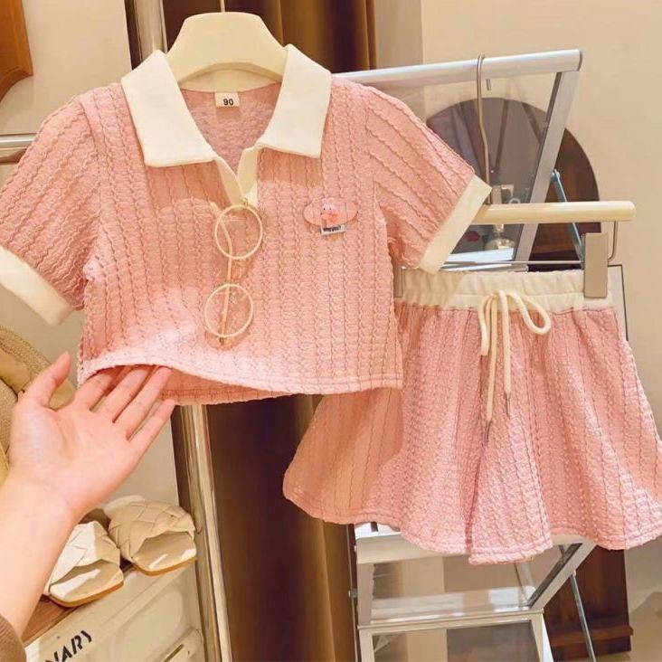 女童套装2023夏季新款韩版洋气中小童Polo领短袖短裤时髦两件套潮