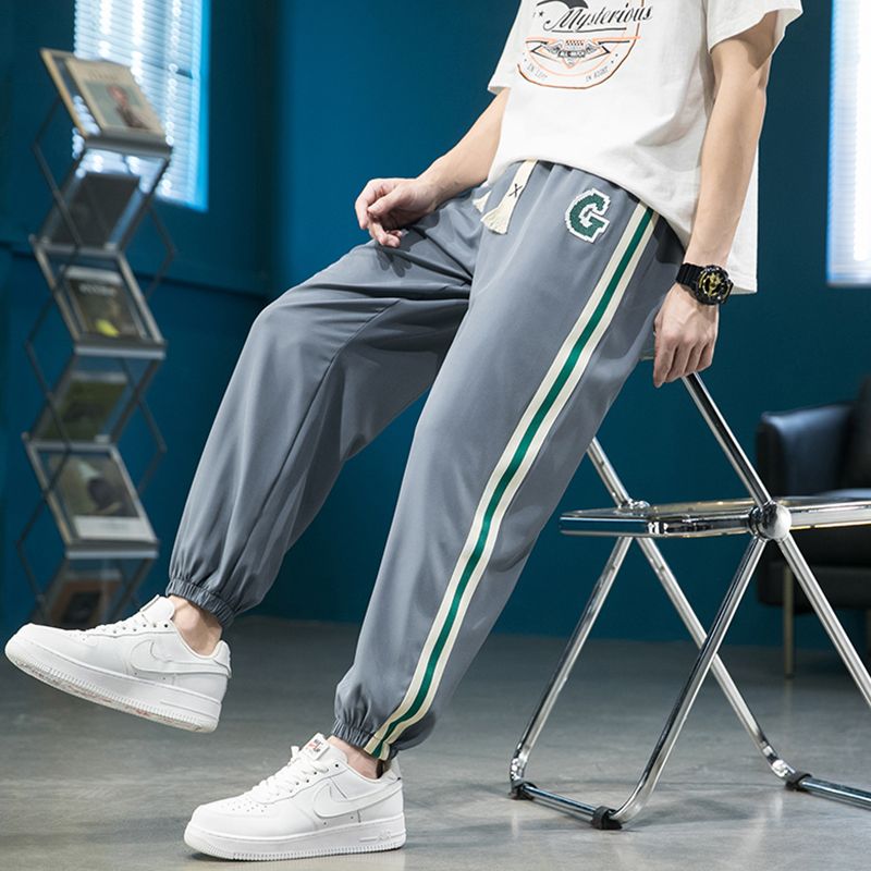 Ice Silk Casual Pants Men's Summer Thin Nine-point Striped Sweatpants Tide Brand Loose Quick-drying Sports Beamed Long Pants