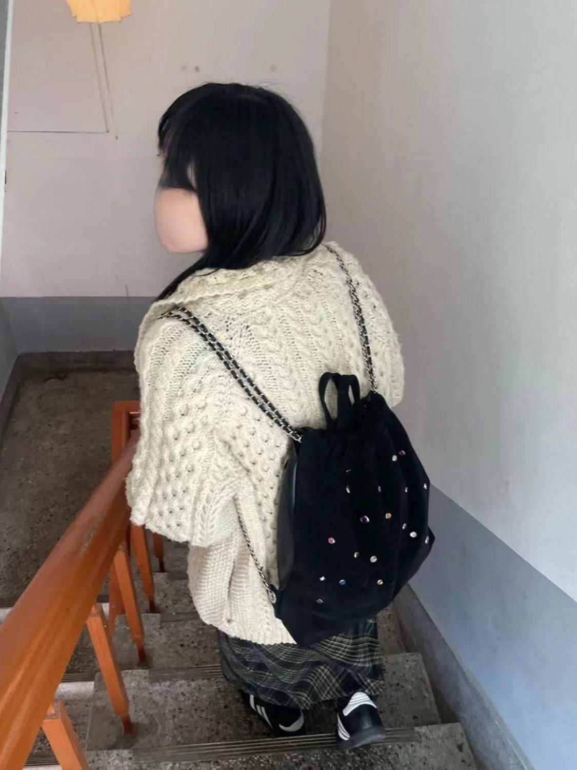 韩国小众女包袋磨砂绒拼接彩色宝石链条双肩包抽绳手提背包