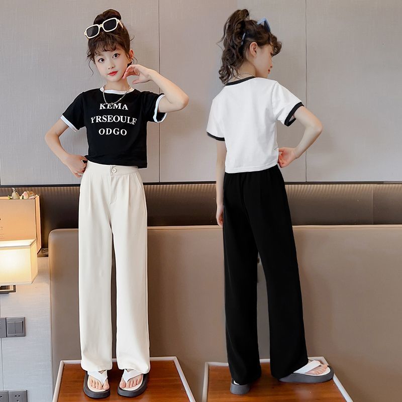 女童褲子夏季2023新款兒童寬鬆休閒冰絲西裝褲大童夏裝薄款防蚊褲