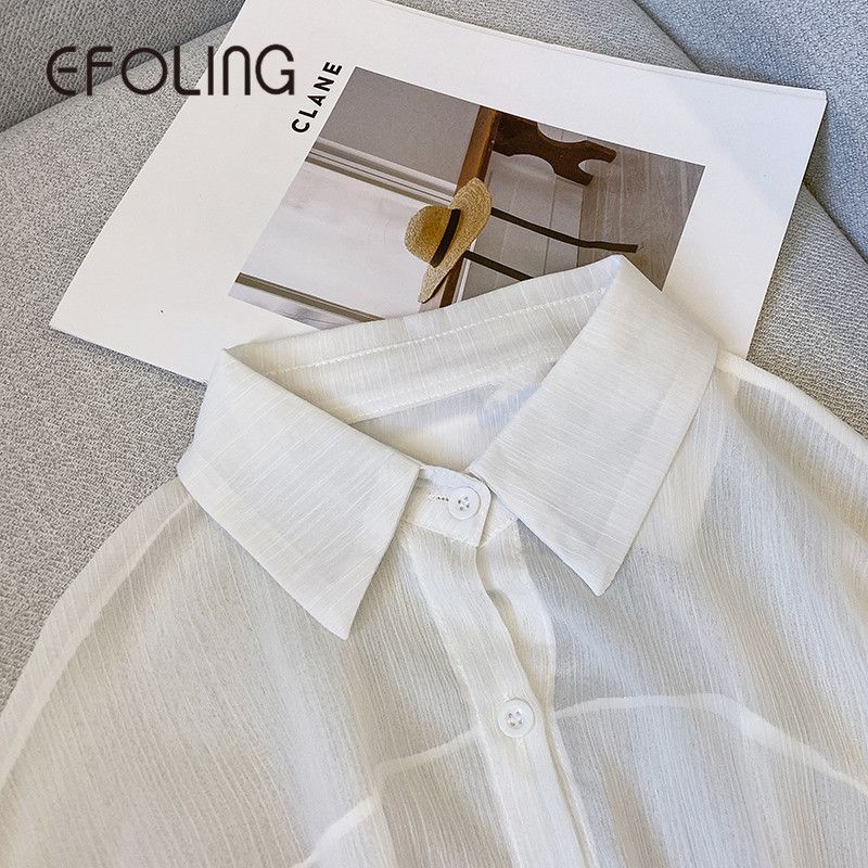 EFOLONG防曬上衣女夏季外搭開衫寬鬆薄款襯衫設計感白色小眾襯衣