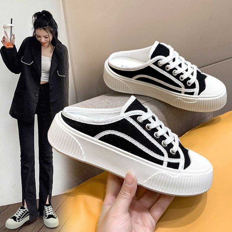 Explosive Baotou half-slippers women's summer wear 2023 new breathable canvas shoes slip on thick-soled muffin small white shoes