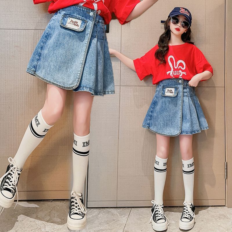 Girls pleated denim skirt summer thin section  new summer dress big children fashion children's all-match skirt