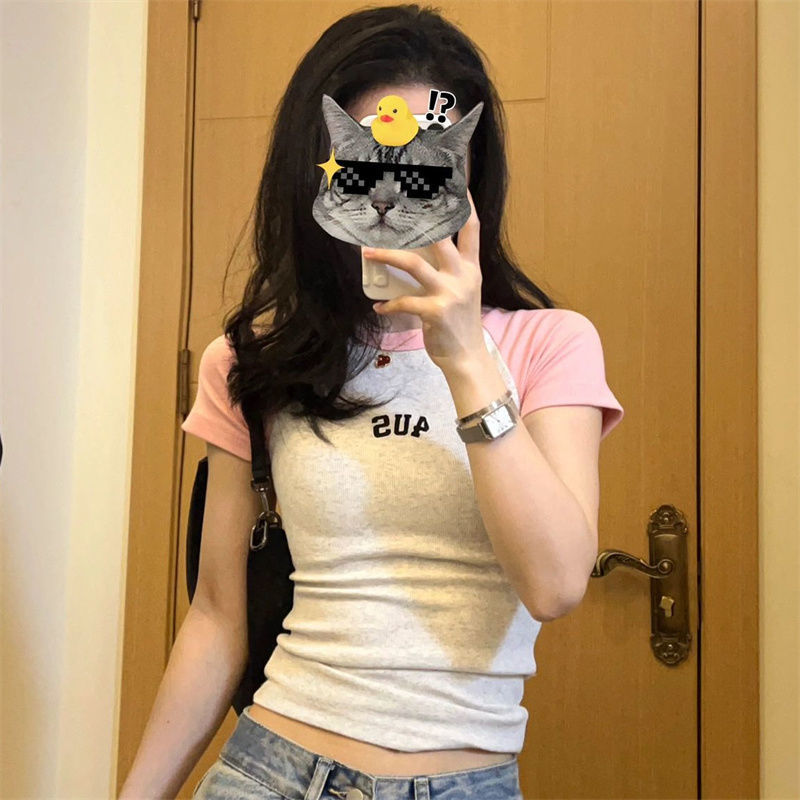 Pure cotton raglan sleeves embroidery small short slim fit short-sleeved T-shirt female summer student ins pure desire to show thin top