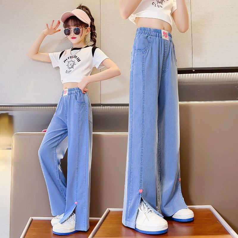 女童天絲防蚊褲兒童薄款闊腿褲2023夏季新款褲子中大童開叉牛仔褲