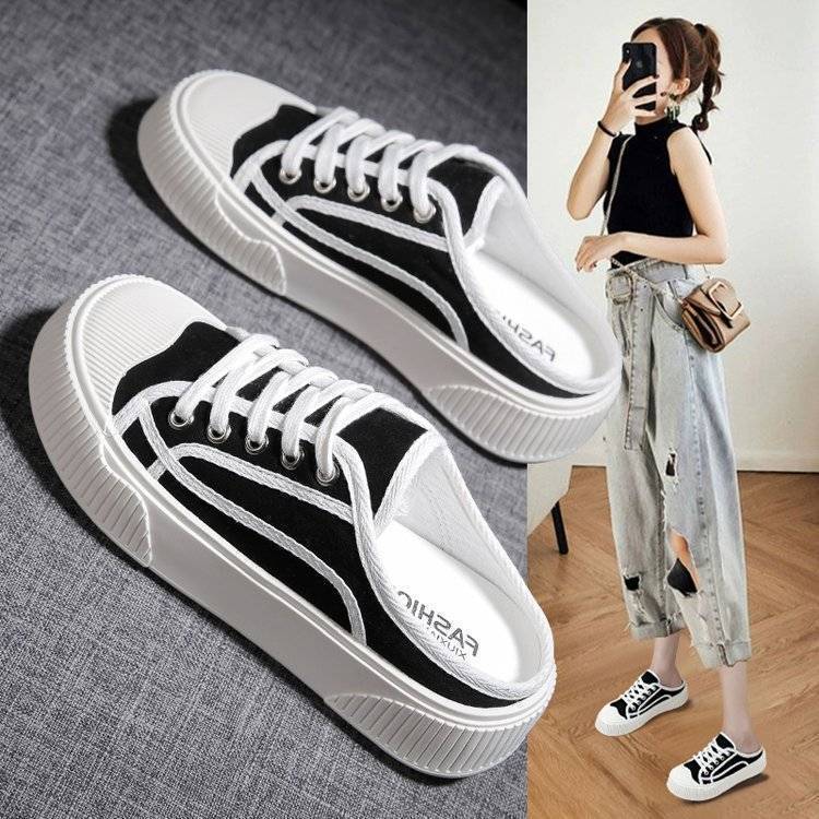 Trendy Baotou half-slippers women's summer outer wear 2023 new breathable canvas shoes slip on thick-soled muffin small white shoes