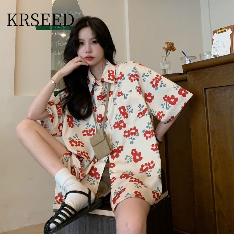 KRSEED港風復古小紅花寬鬆短袖襯衫女設計感小眾夏季新款碎花上衣