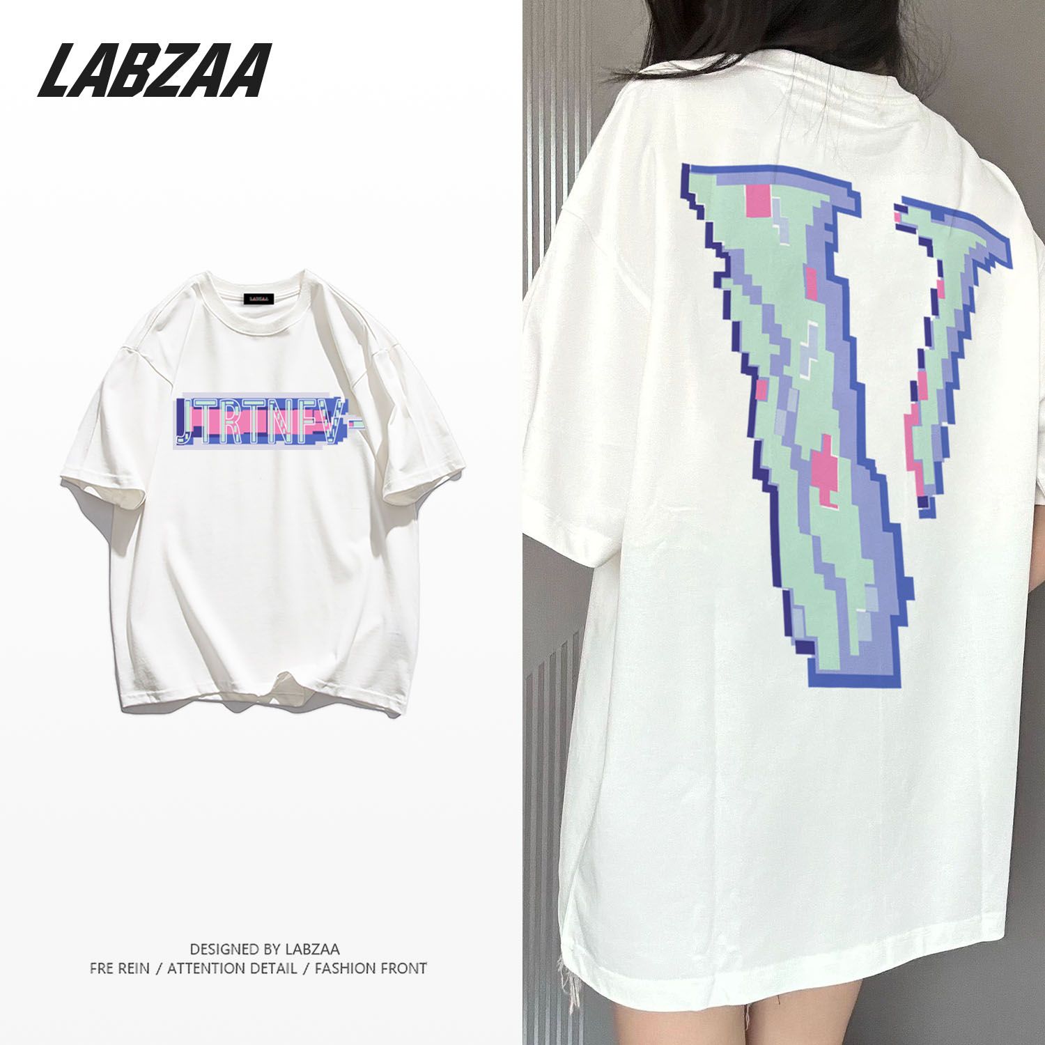 Design sense niche European and American style V letter trendy brand cotton short-sleeved T-shirt female ins trendy couple outfit loose top clothes