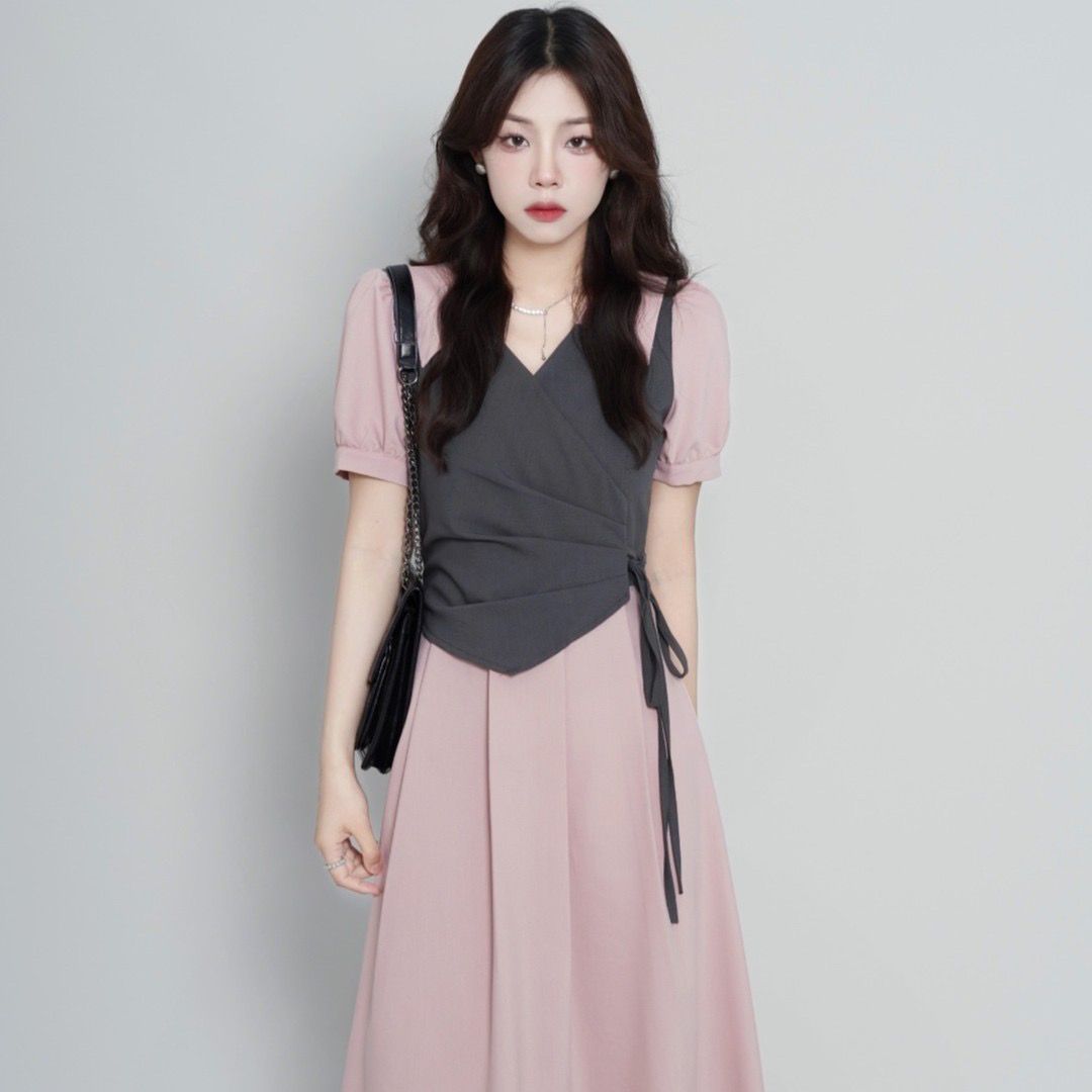 [Sonberry] French stitching design sense fake two-piece polo collar dress women's summer waist waist high-quality long skirt