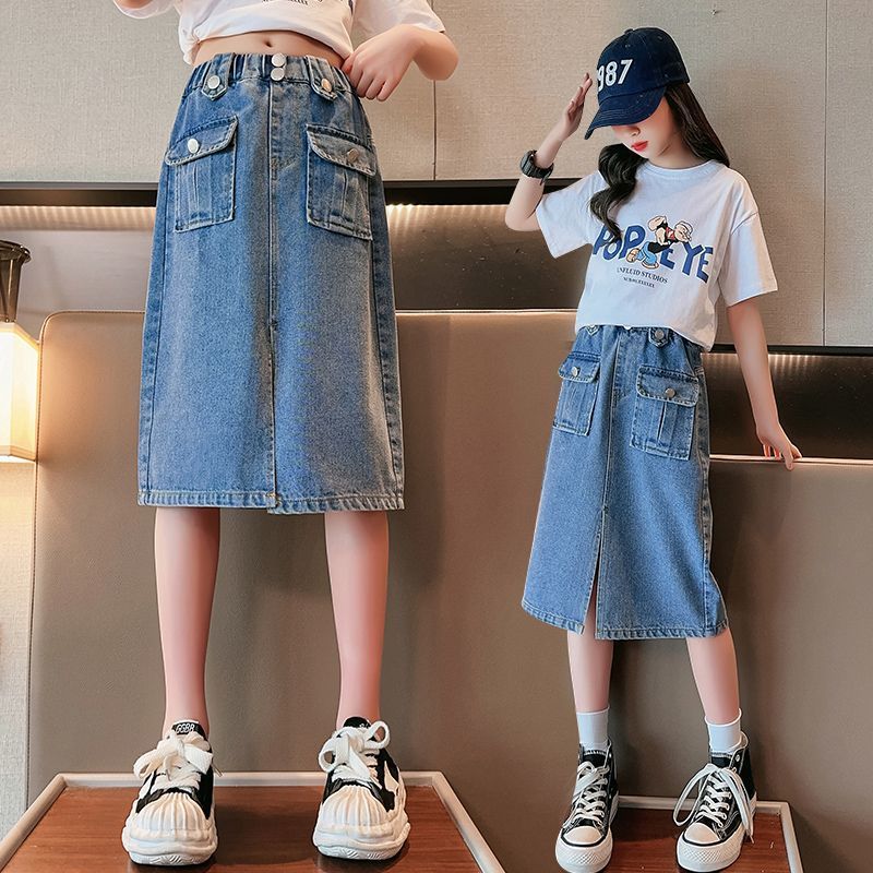 女童牛仔裙半身裙2023新款中大童a字裙兒童夏季長裙薄款夏裝裙子