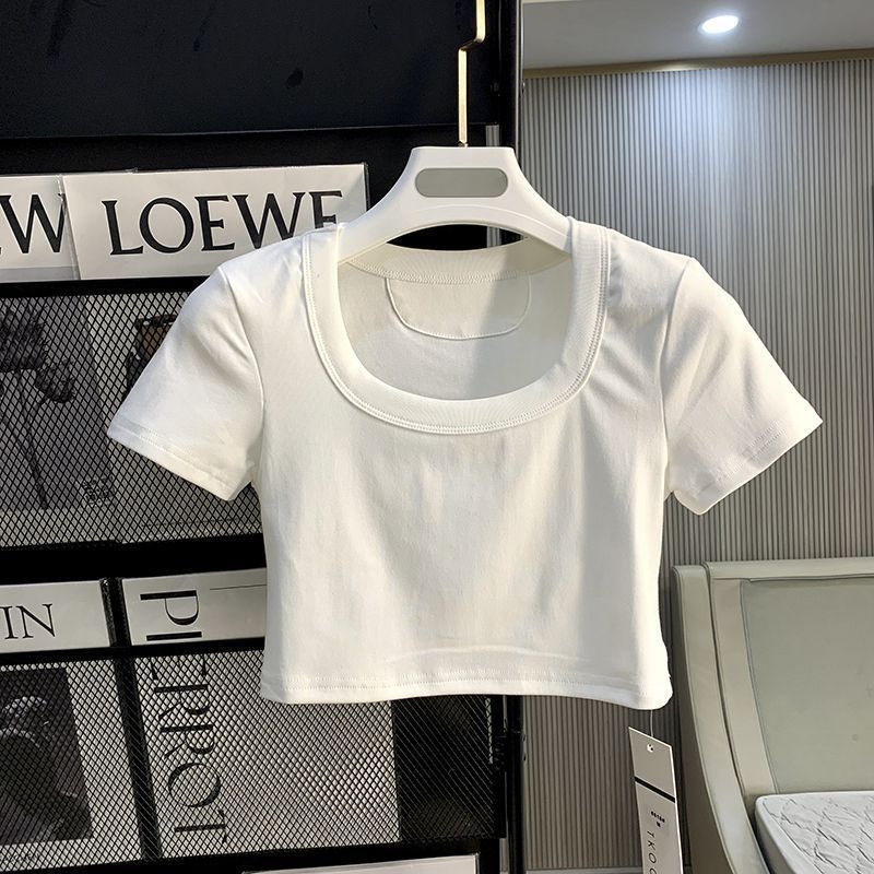 French hot girl summer dress white slim U-neck navel short-sleeved T-shirt female 2023 new short high waist ins top
