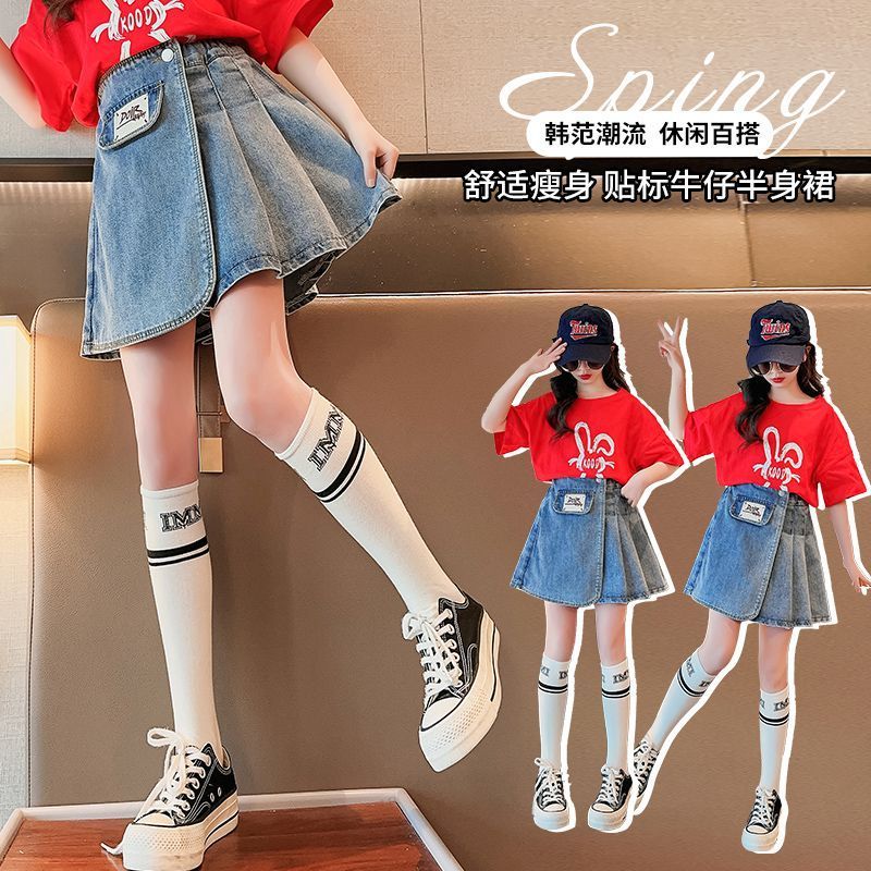 Girls pleated denim skirt summer thin section  new summer dress big children fashion children's all-match skirt