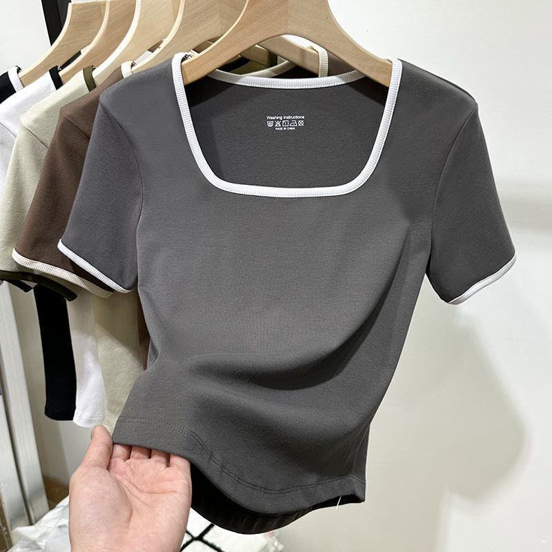 Short-sleeved t-shirt women's summer 2023 new square collar foreign style fashion bottoming shirt with T-shirt slim-fit basic top