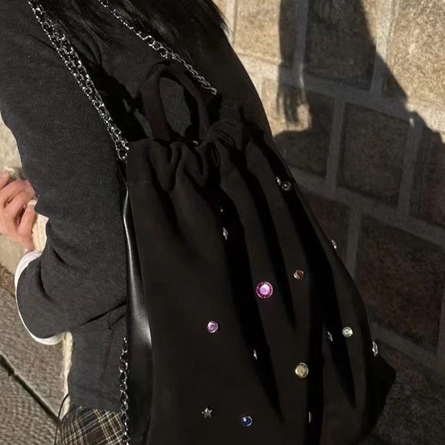 Korean niche design women's bag matte velvet stitching color gemstone chain backpack drawstring handbag