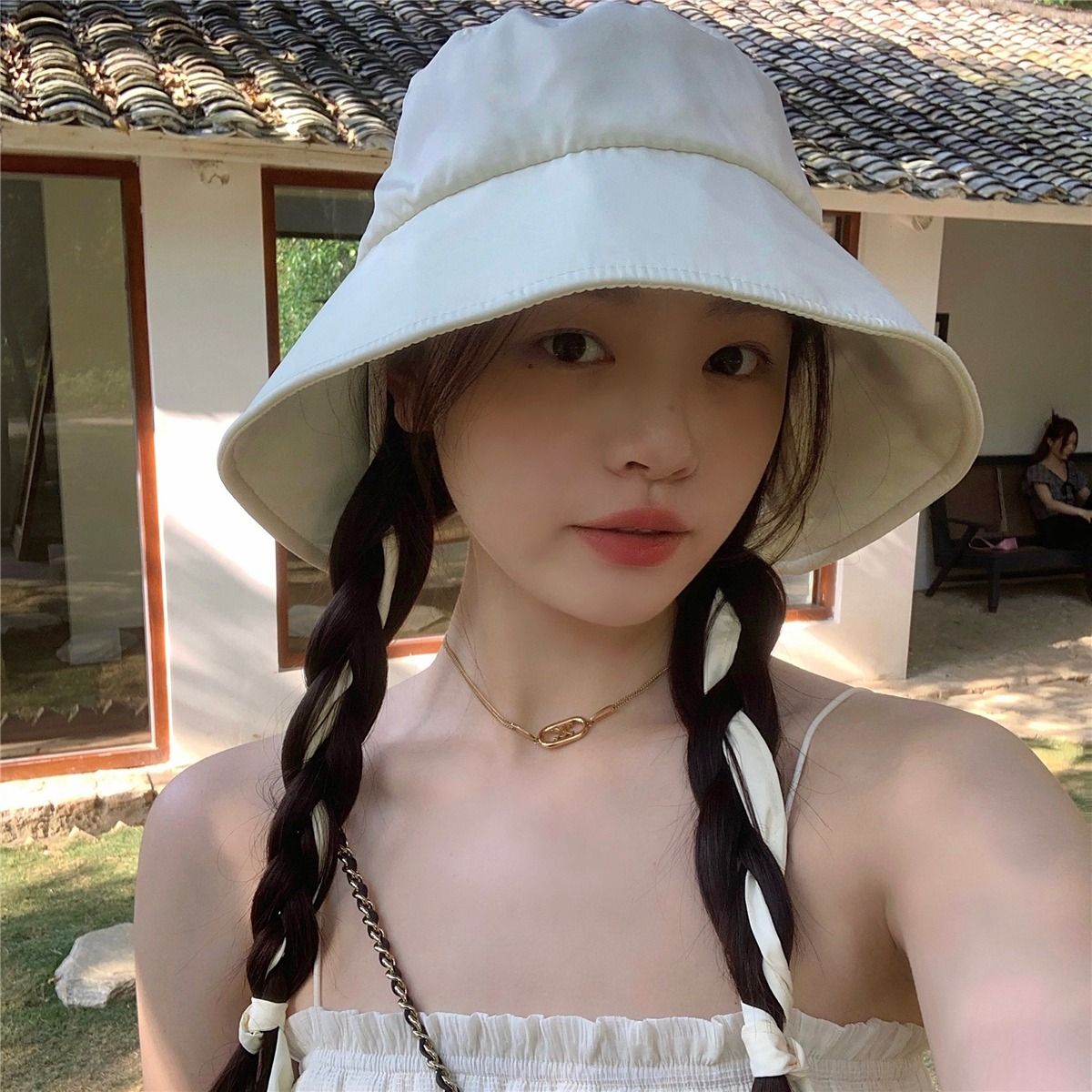 New sun protection hat female streamer summer outdoor big eaves fisherman hat cover face anti-ultraviolet sun hat casual
