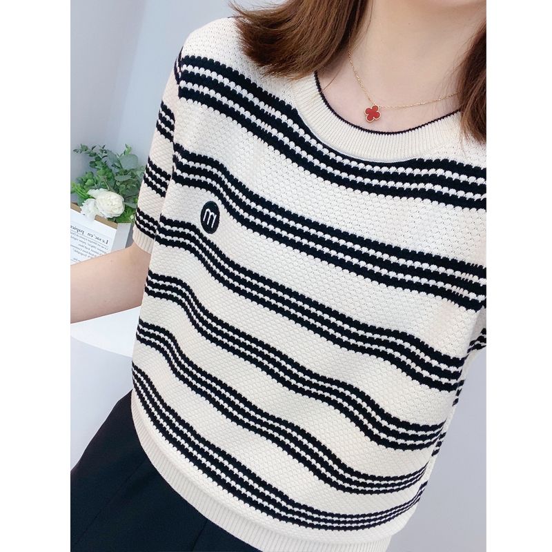 Loose round neck sweater women 2023 summer new black and white color contrast striped short-sleeved top thin section all-match T-shirt