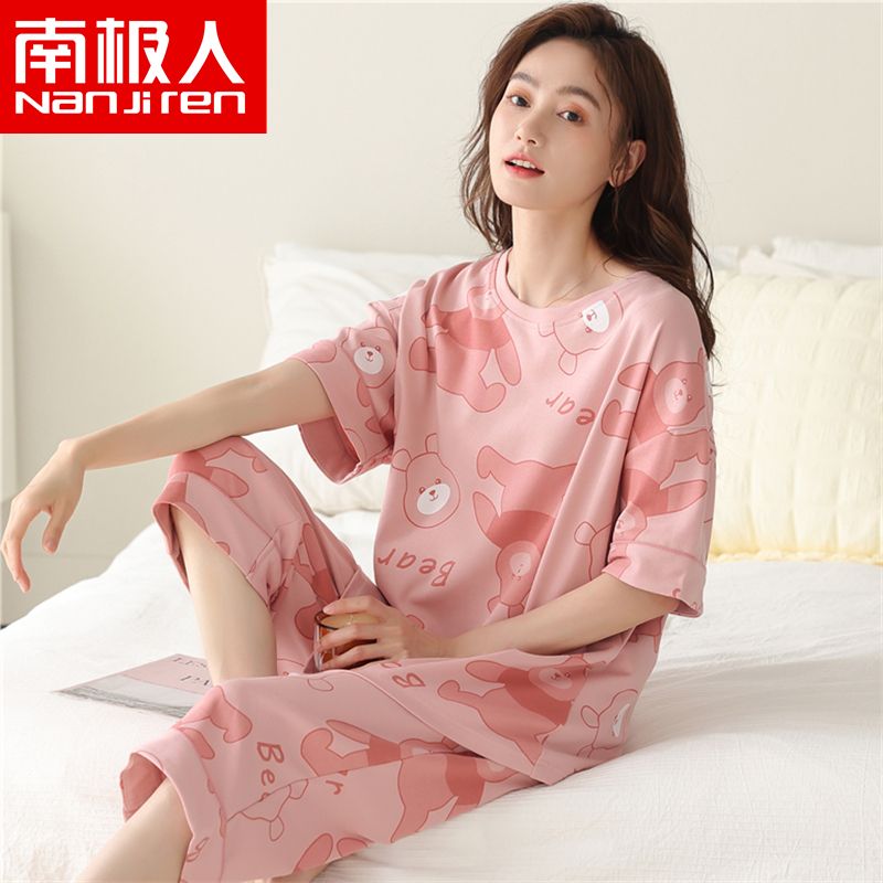 Nanjiren 100% cotton pajamas women's summer short-sleeved cropped pants thin section summer home service houndstooth suit