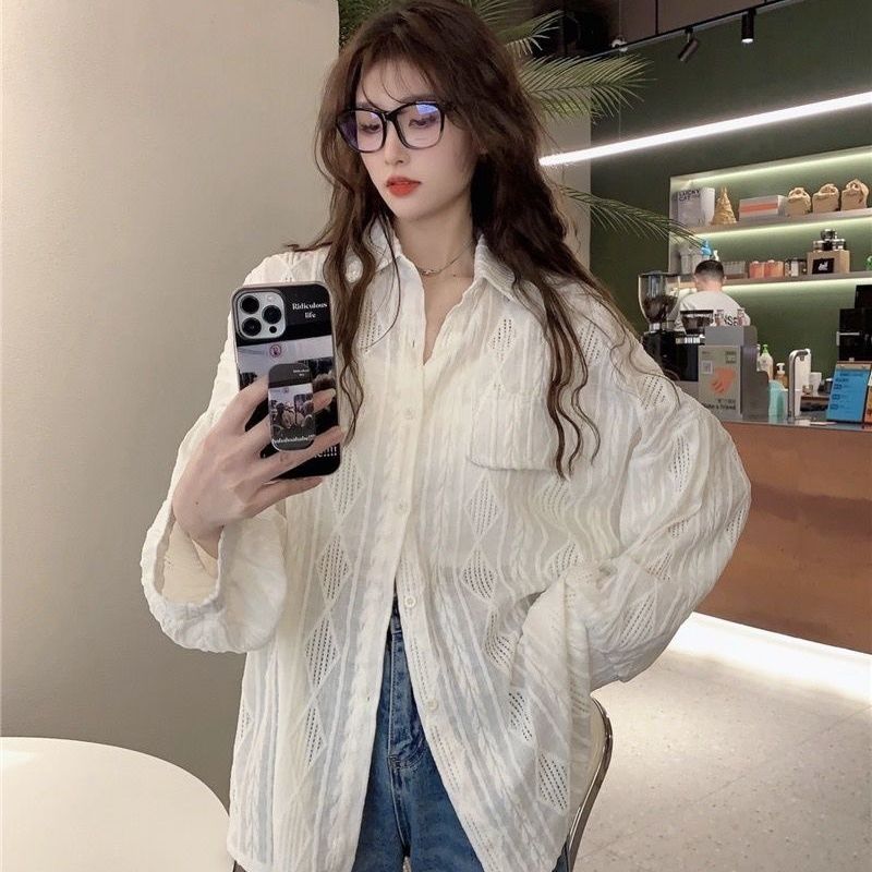  spring new casual crochet hollow shirt design niche women's slim white shirt top