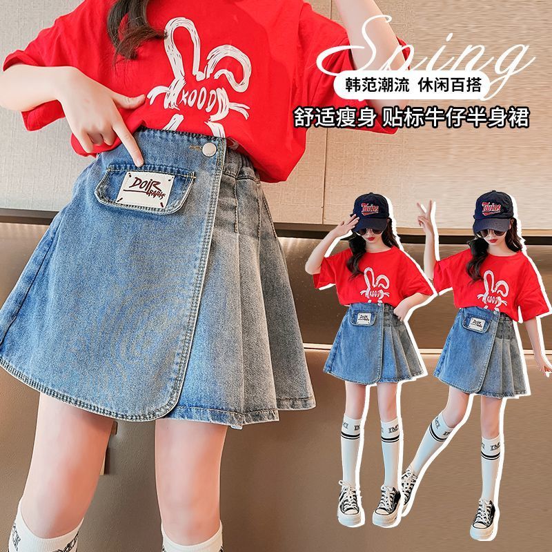 Girls pleated denim skirt summer thin section  new summer dress big children fashion children's all-match skirt