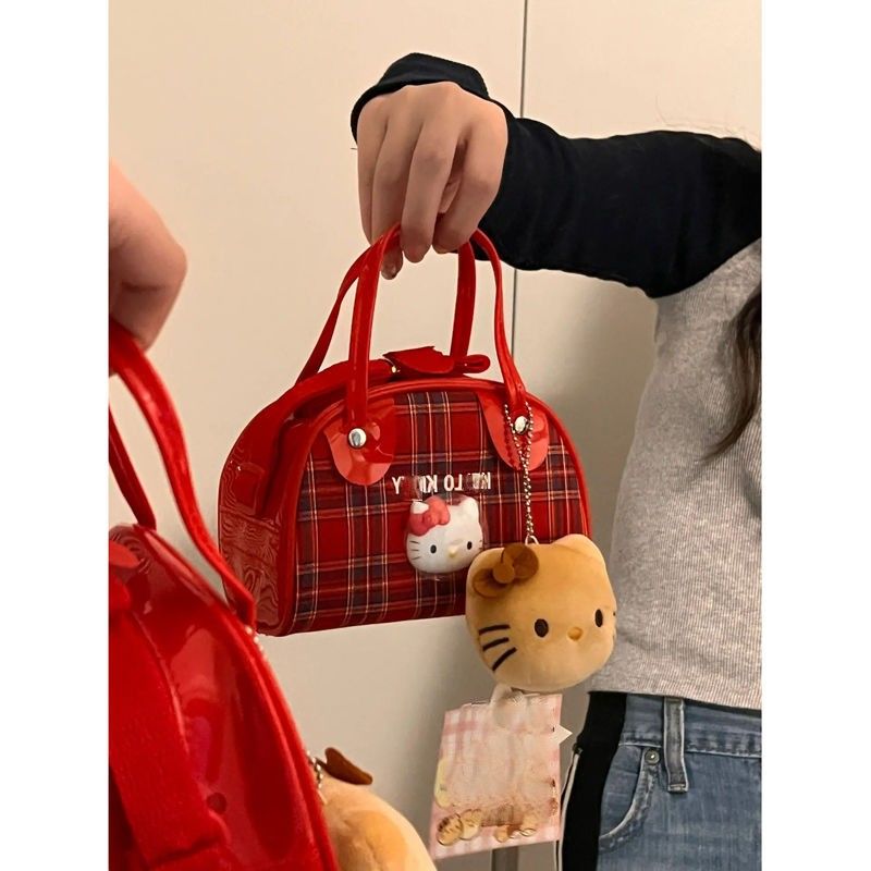 hello kitty貓KT單肩格子包 昭和復古y2k千禧辣妹可愛手提斜...