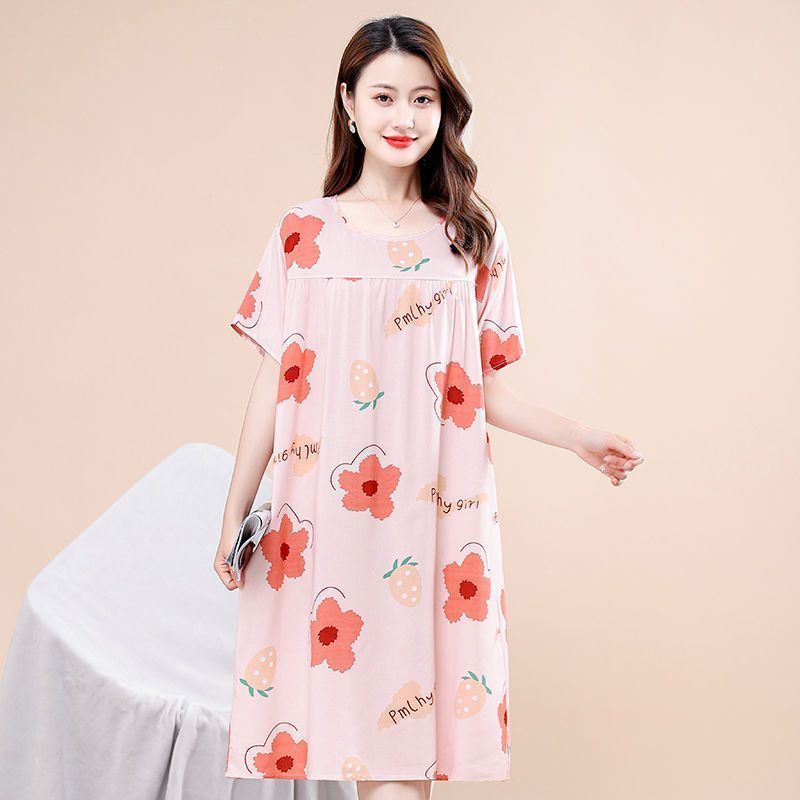 Summer women's new cotton silk nightdress middle-aged large size short-sleeved artificial cotton dress summer home service pajamas skirt