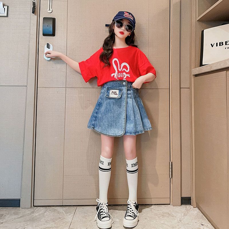 Girls pleated denim skirt summer thin section  new summer dress big children fashion children's all-match skirt