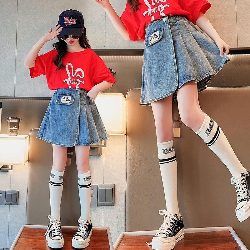 Girls pleated denim skirt summer thin section  new summer dress big children fashion children's all-match skirt